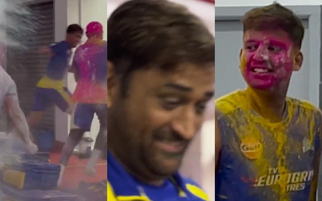 MS Dhoni, members of Chennai Super Kings indulge in Holi celebrations at Chepauk