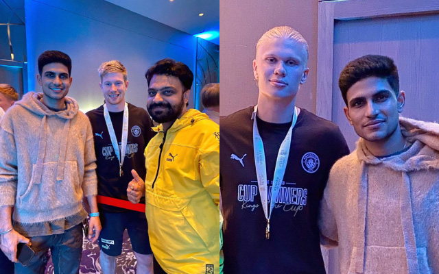 Shubman Gill poses with Manchester City stars at Treble celebrations