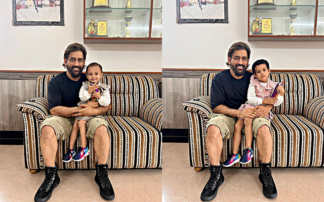 'Isko thoda neeche karlo' - MS Dhoni clicks pictures with his tennis partner's children