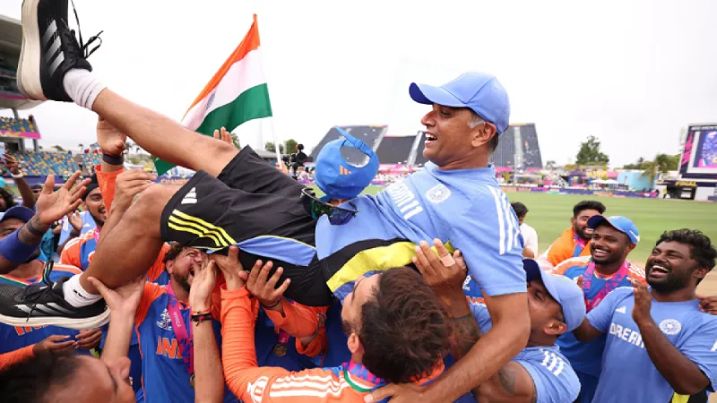 T20 World Cup 2024 Indian players carry Rahul Dravid, give him iconic farewell after T20 World Cup victory