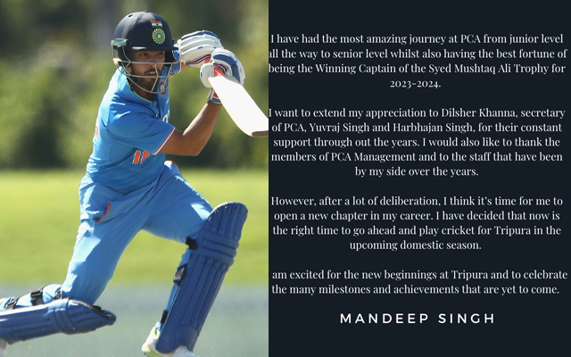 'Time for me to open a new chapter in my career' - Mandeep Singh set to play for Tripura from 2024- 25 domestic season