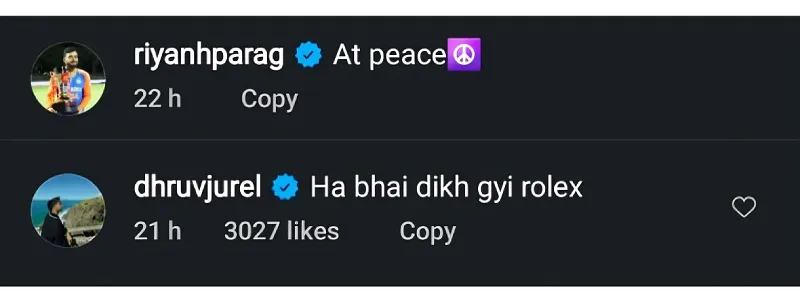 'Ha bhai dikh gayi rolex' - Dhruv Jurel drops cheeky comment on Riyan Parag's post'Ha bhai dikh gayi rolex' - Dhruv Jurel drops cheeky comment on Riyan Parag's post